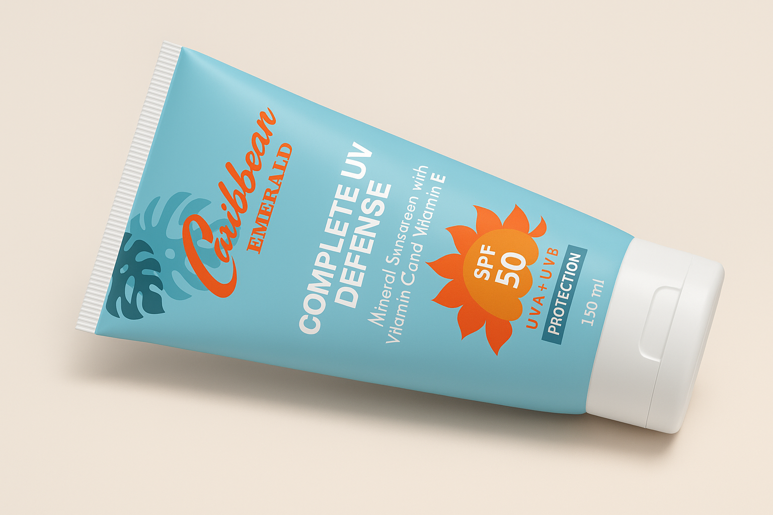 Caribbean Emerald mineral reef safe SPF 50 sunscreen tube on a beige background