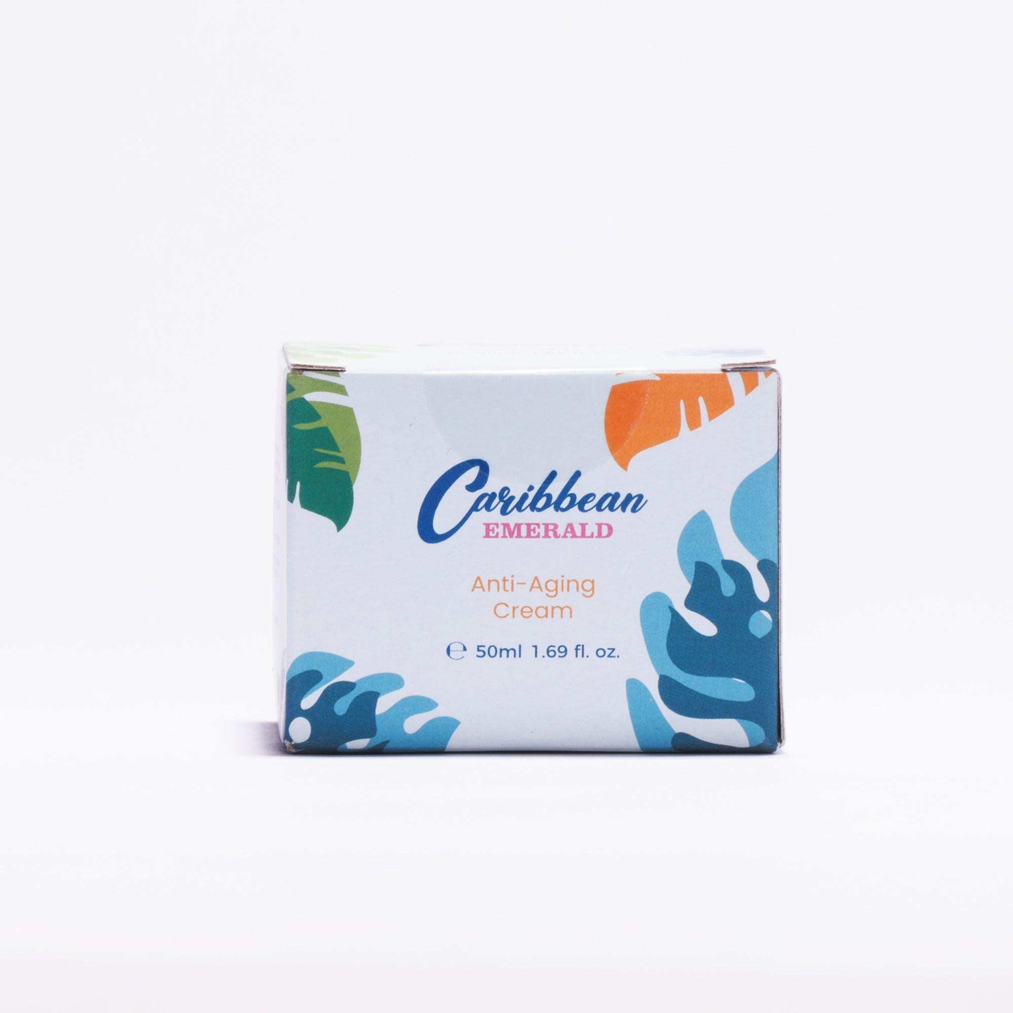 Caribbean Emerald Anti-Aging Cream packaging with tropical leaf design.