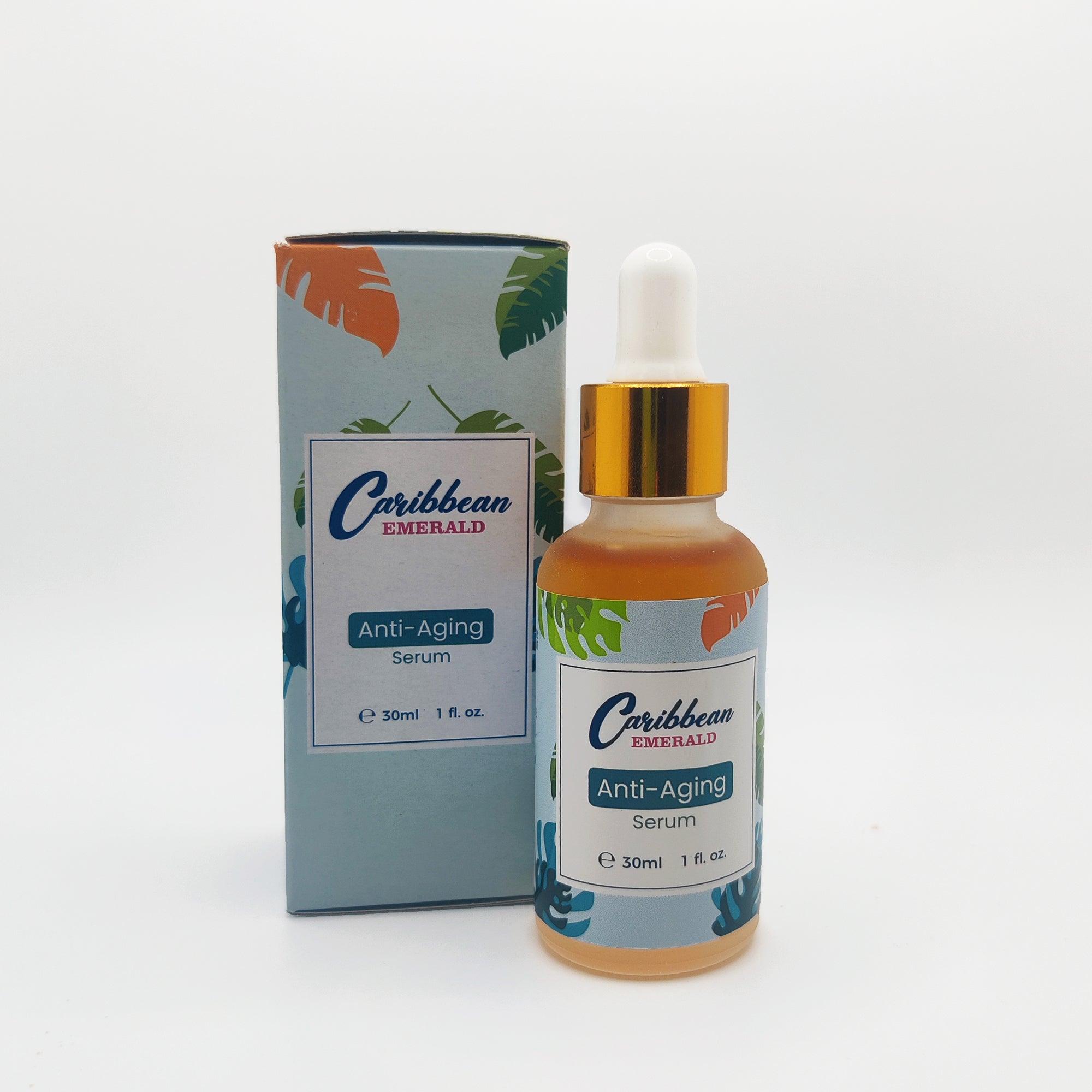 Caribbean Emerald Anti-Aging Serum in a glass dropper bottle with matching product box.