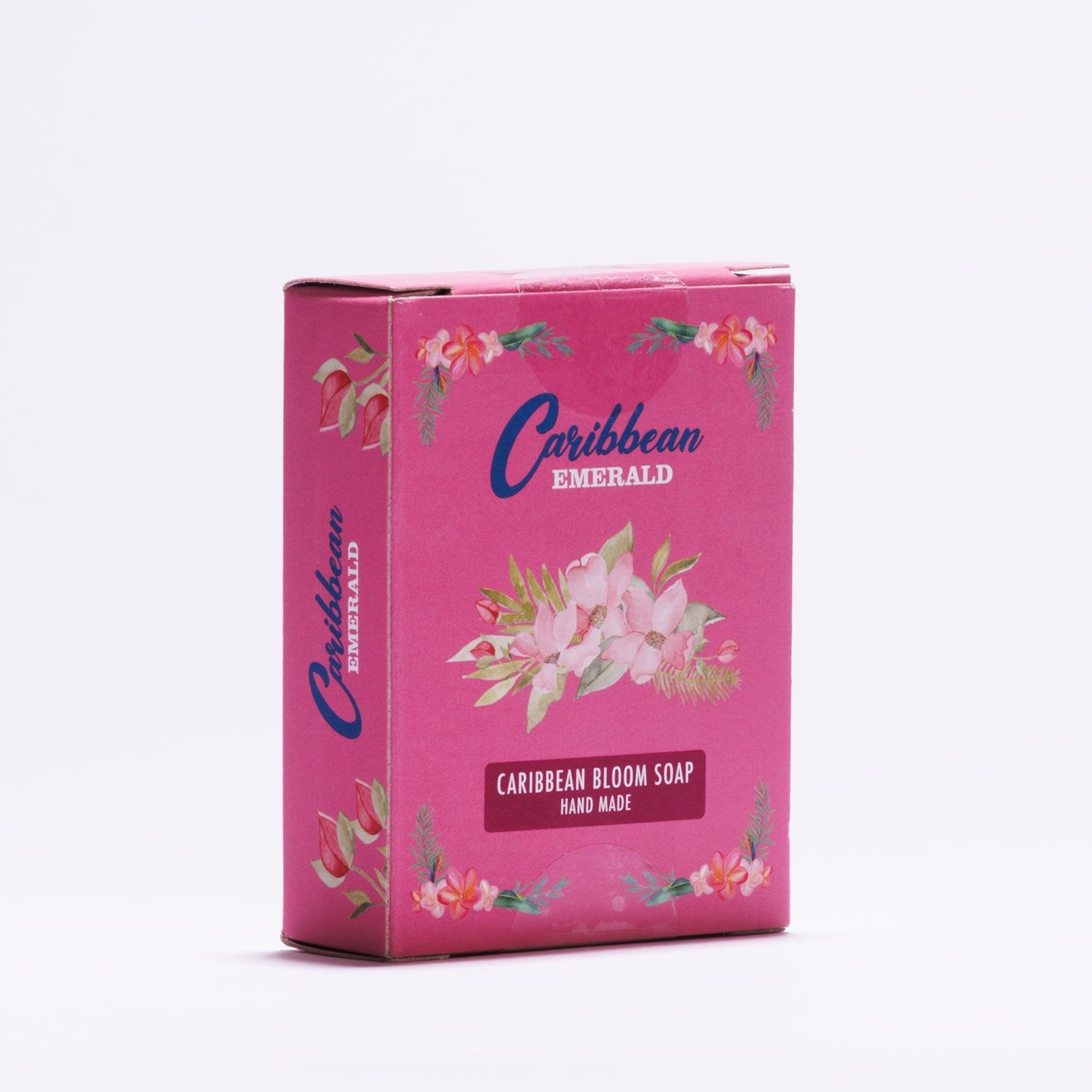 Caribbean Bloom handmade soap in pink floral packaging