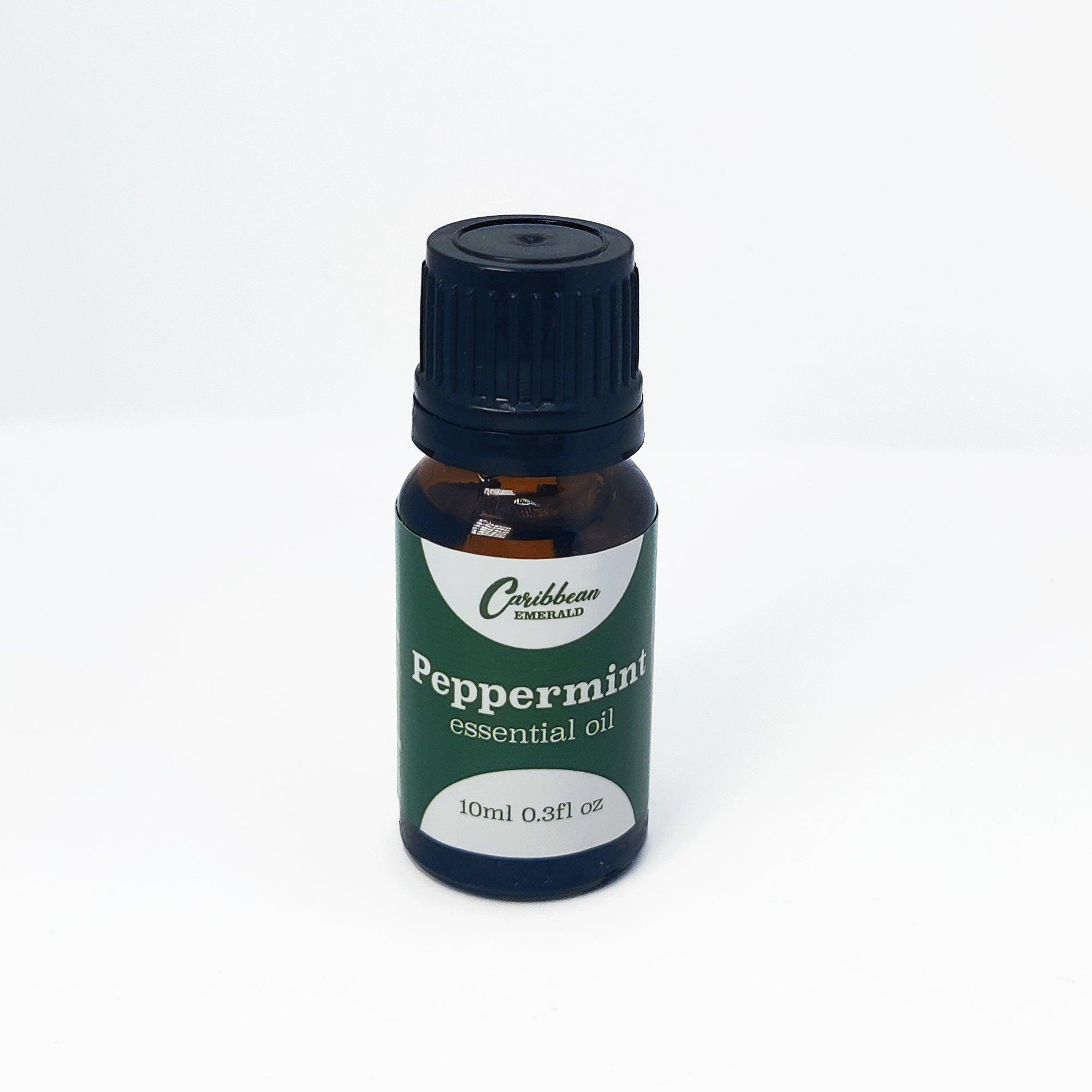 10ml bottle of Caribbean Emerald Peppermint essential oil in a dark amber glass dropper bottle.