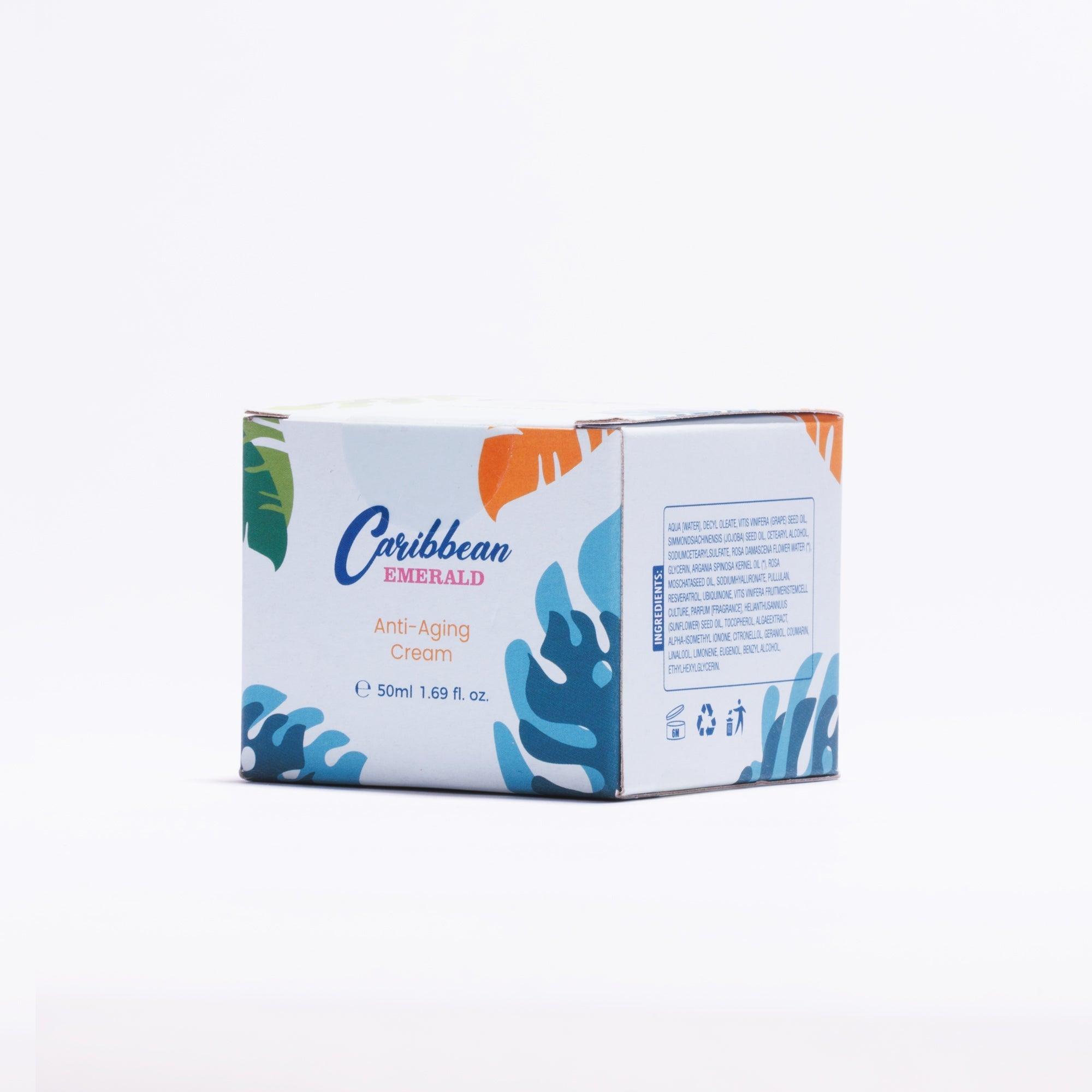 Caribbean Emerald Anti-Aging Cream 50ml packaging with tropical leaf design.