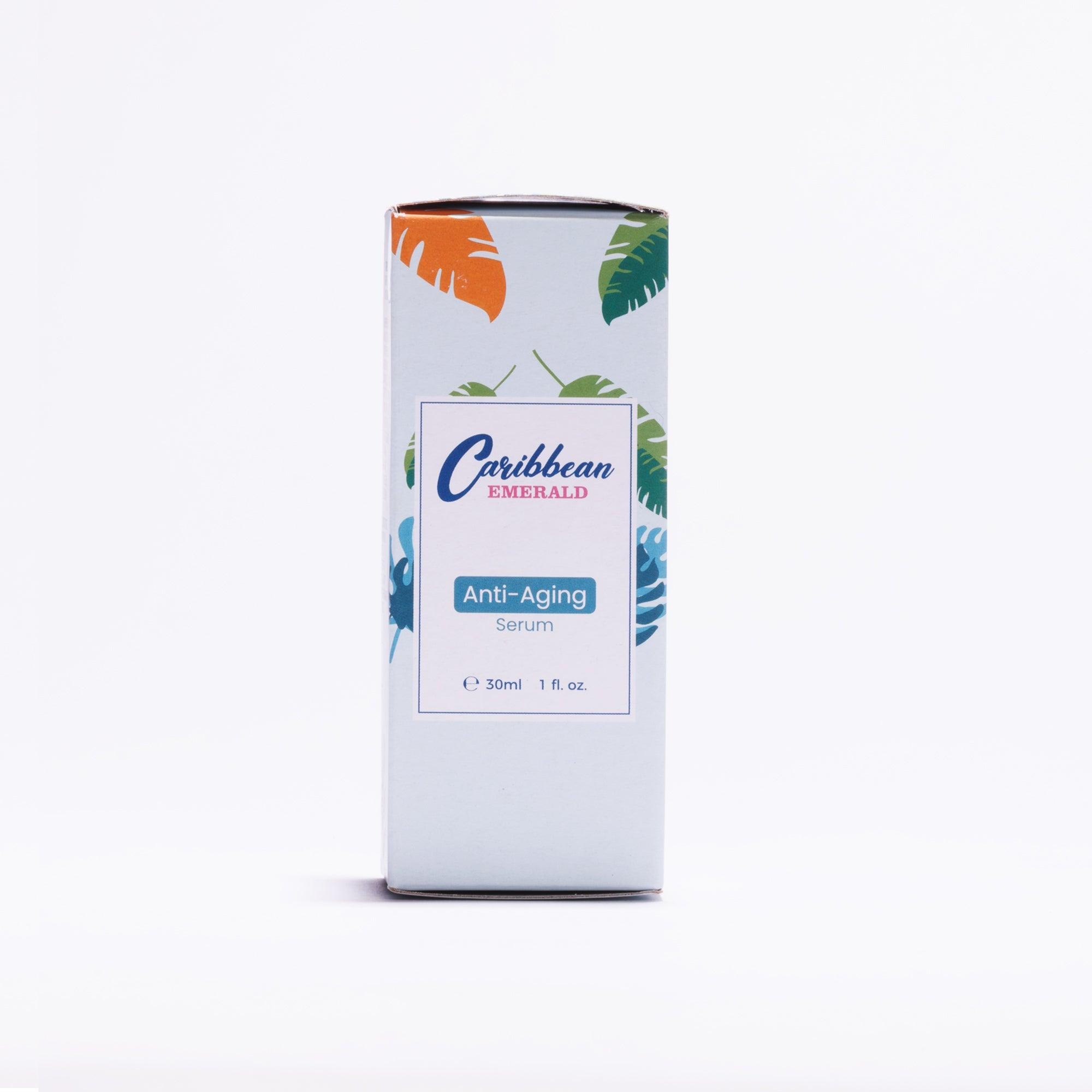 Caribbean Emerald anti-aging serum 30ml bottle packaging with tropical leaf design