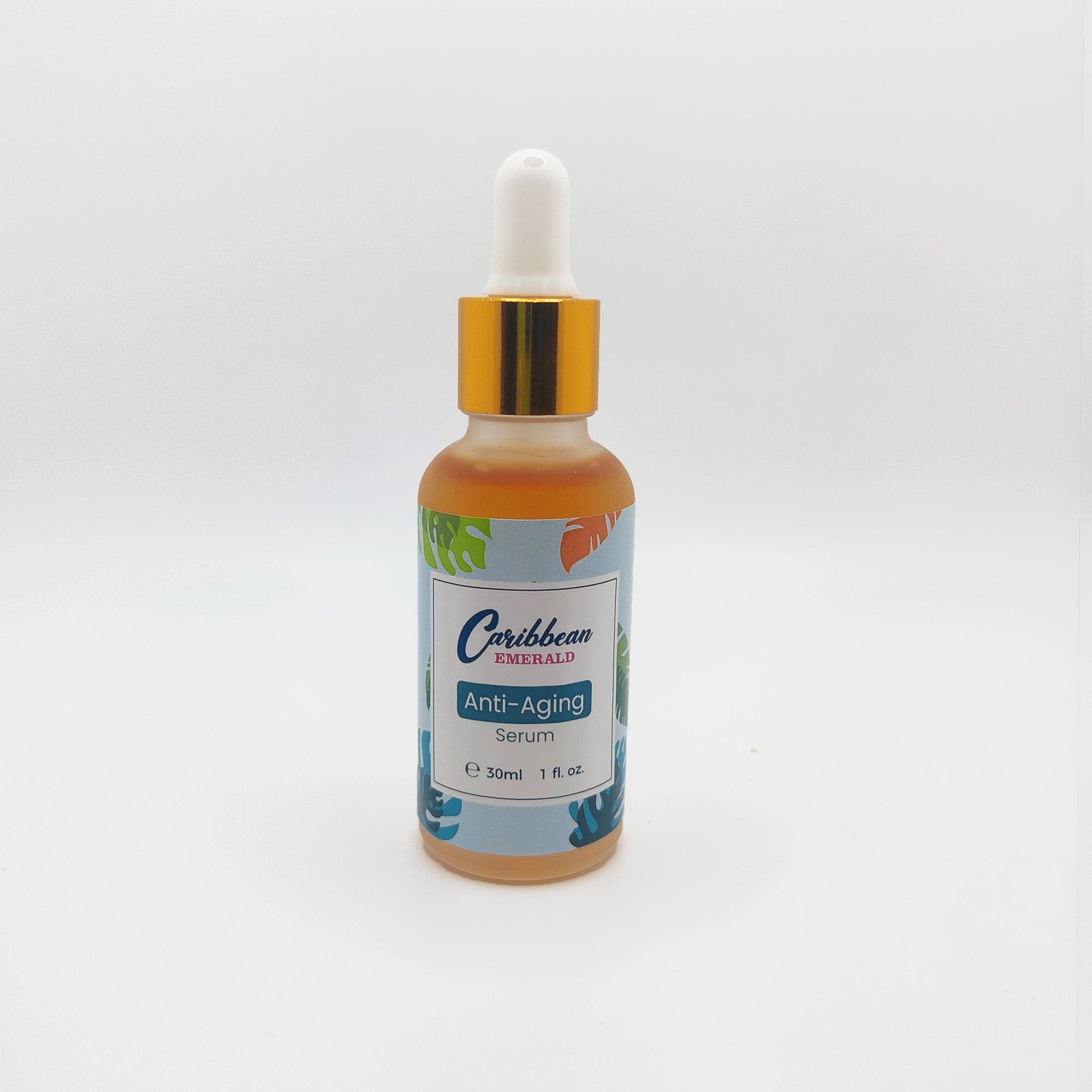 Caribbean Emerald Anti-Aging Serum in a 30ml dropper bottle with tropical leaf label.