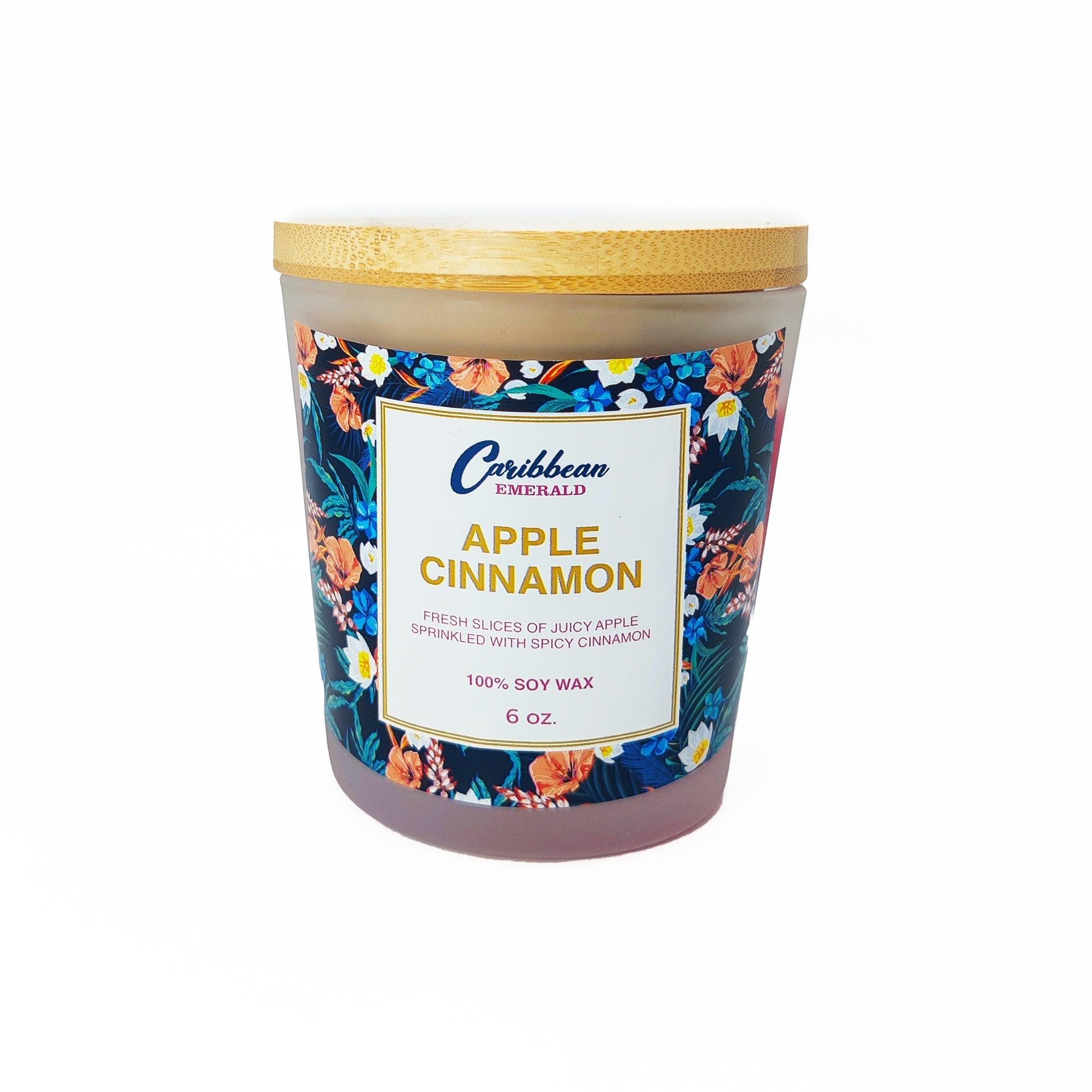 Caribbean Emerald Apple Cinnamon 100% soy wax scented candle in a glass jar with bamboo lid
