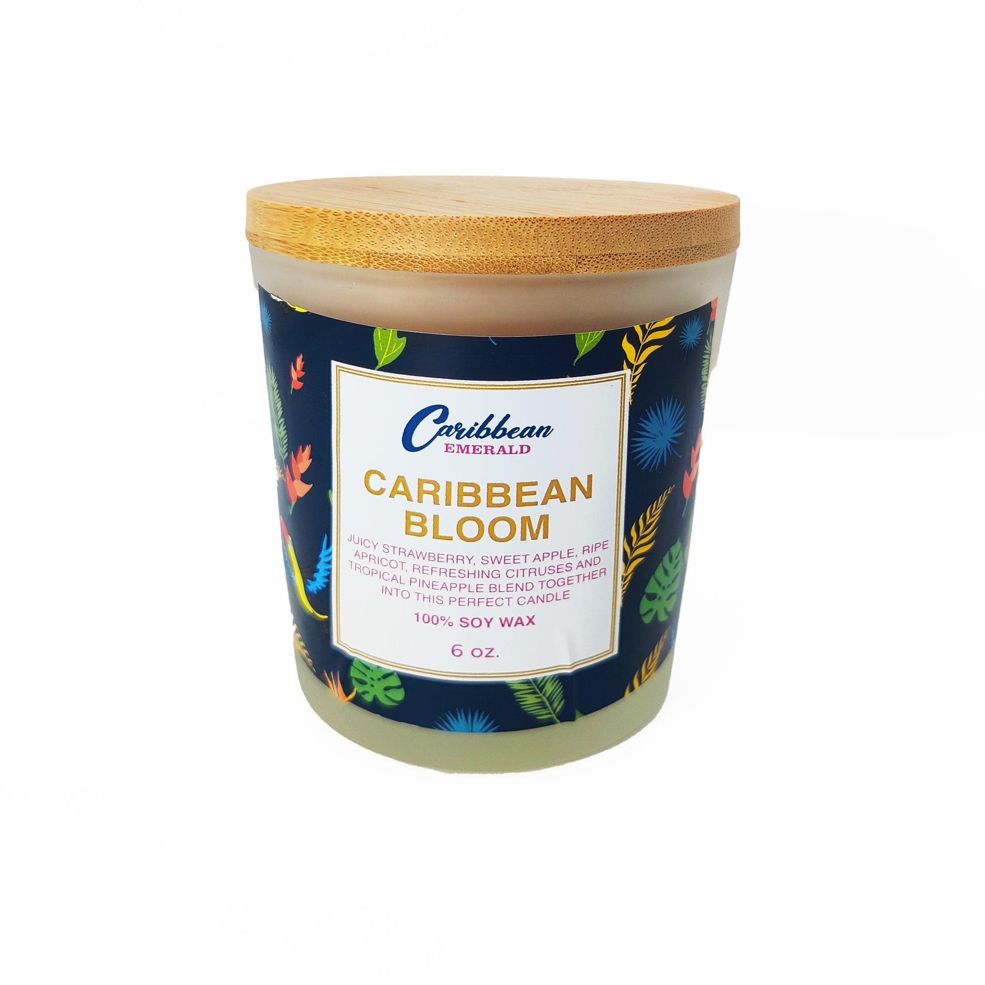 Caribbean Bloom 6 oz 100% soy wax scented candle in a glass jar with a wooden lid.