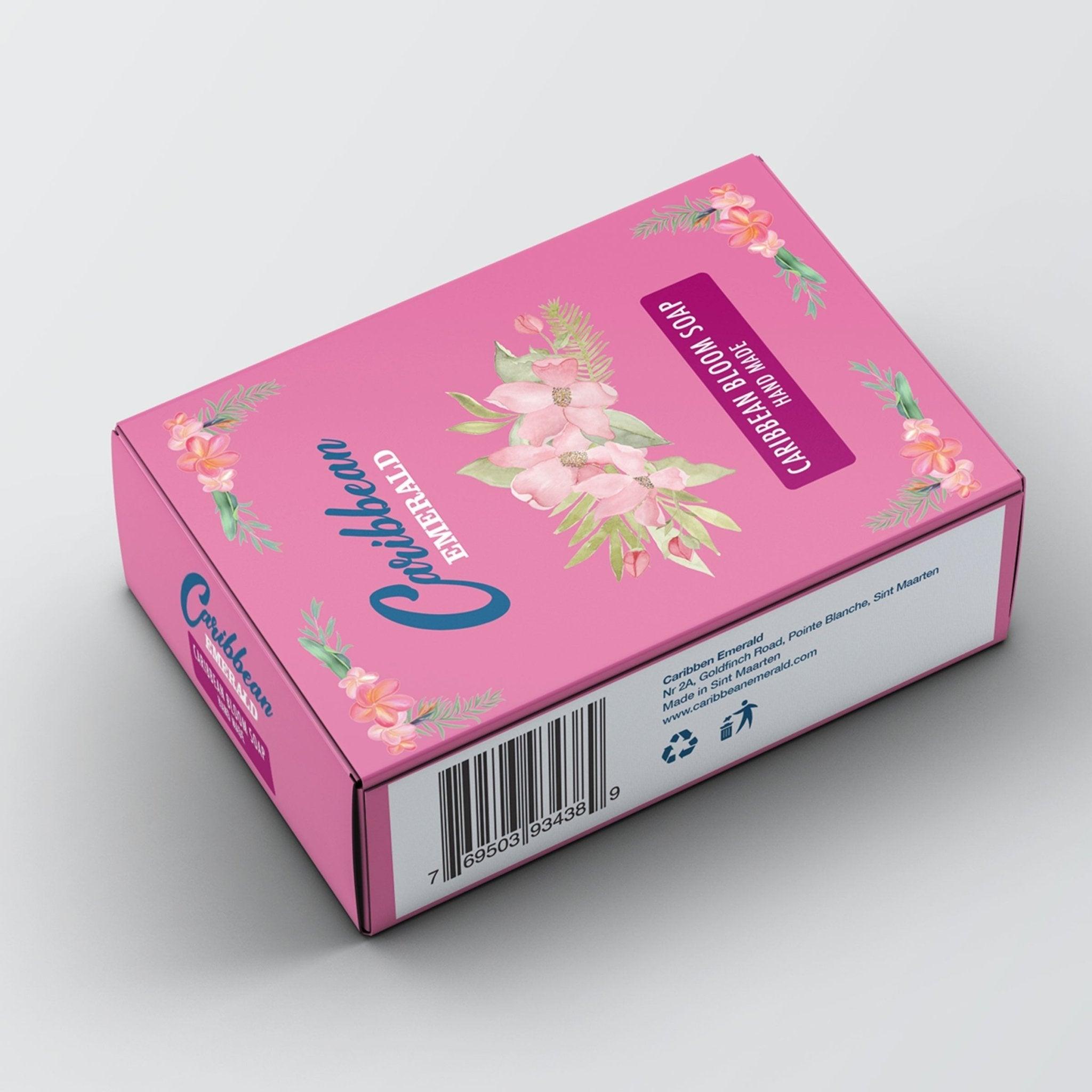 Pink box of Caribbean Bloom handmade soap with floral illustrations.