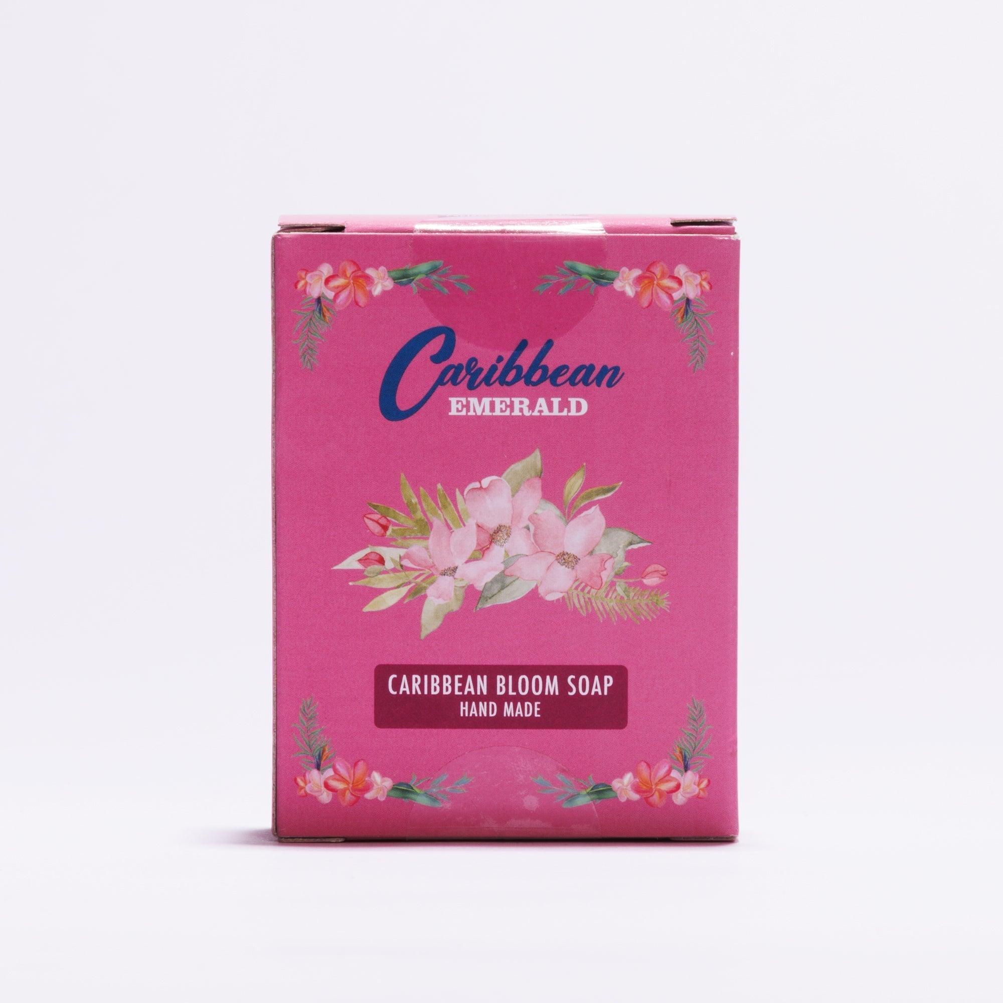 Caribbean Emerald Bloom Peach handmade soap in a pink floral box.