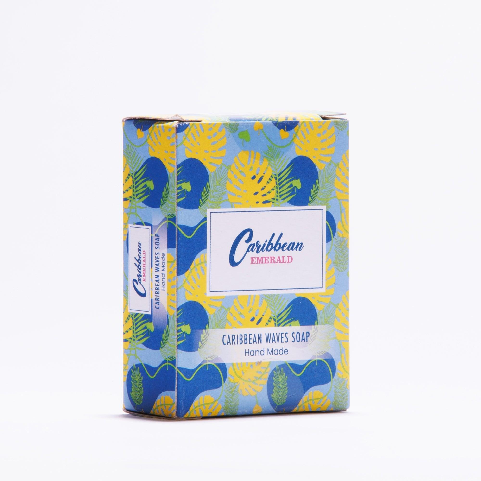 Caribbean Emerald handmade Caribbean Waves soap in a tropical leaf patterned box.