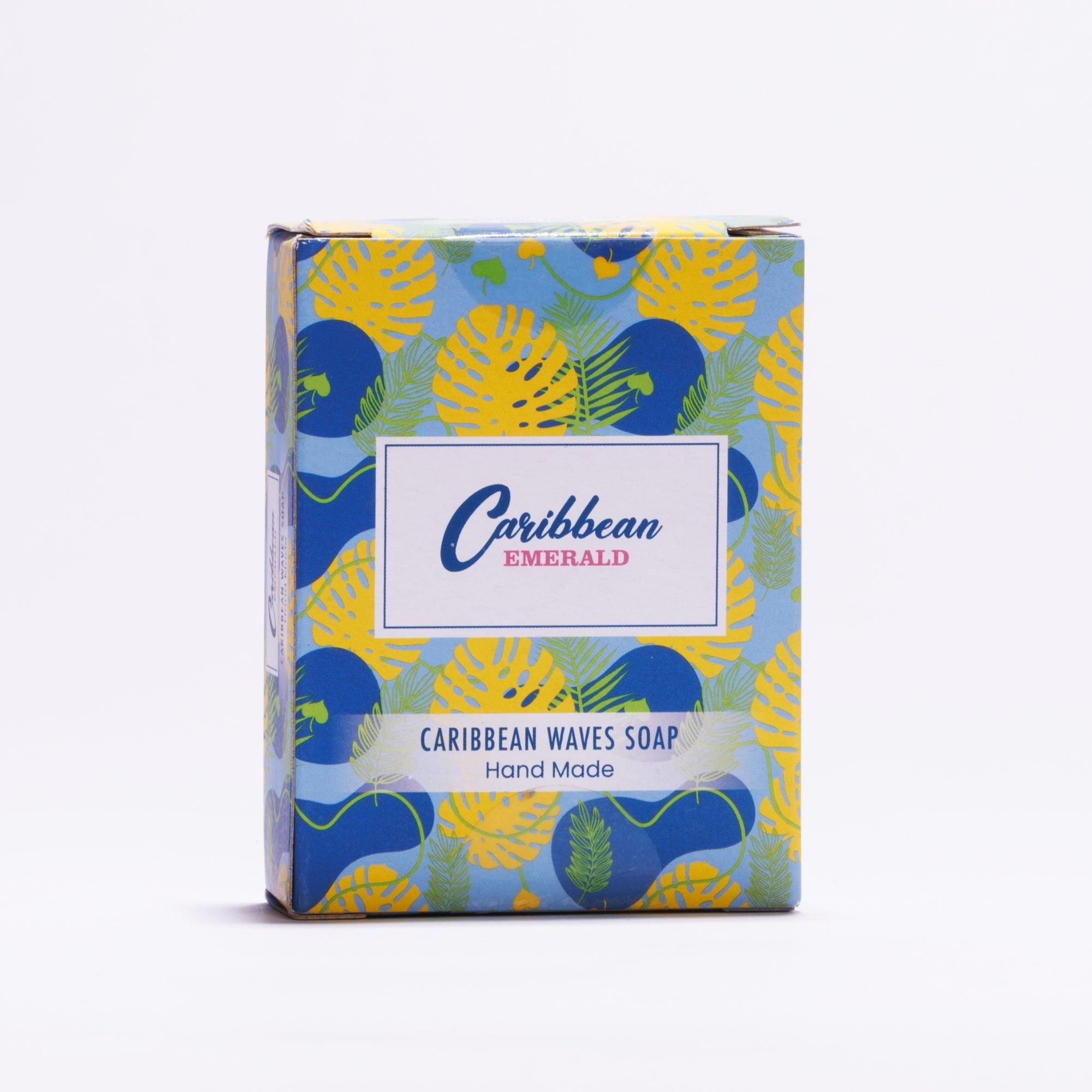 Caribbean Emerald Caribbean Waves handmade soap in tropical leaf patterned packaging