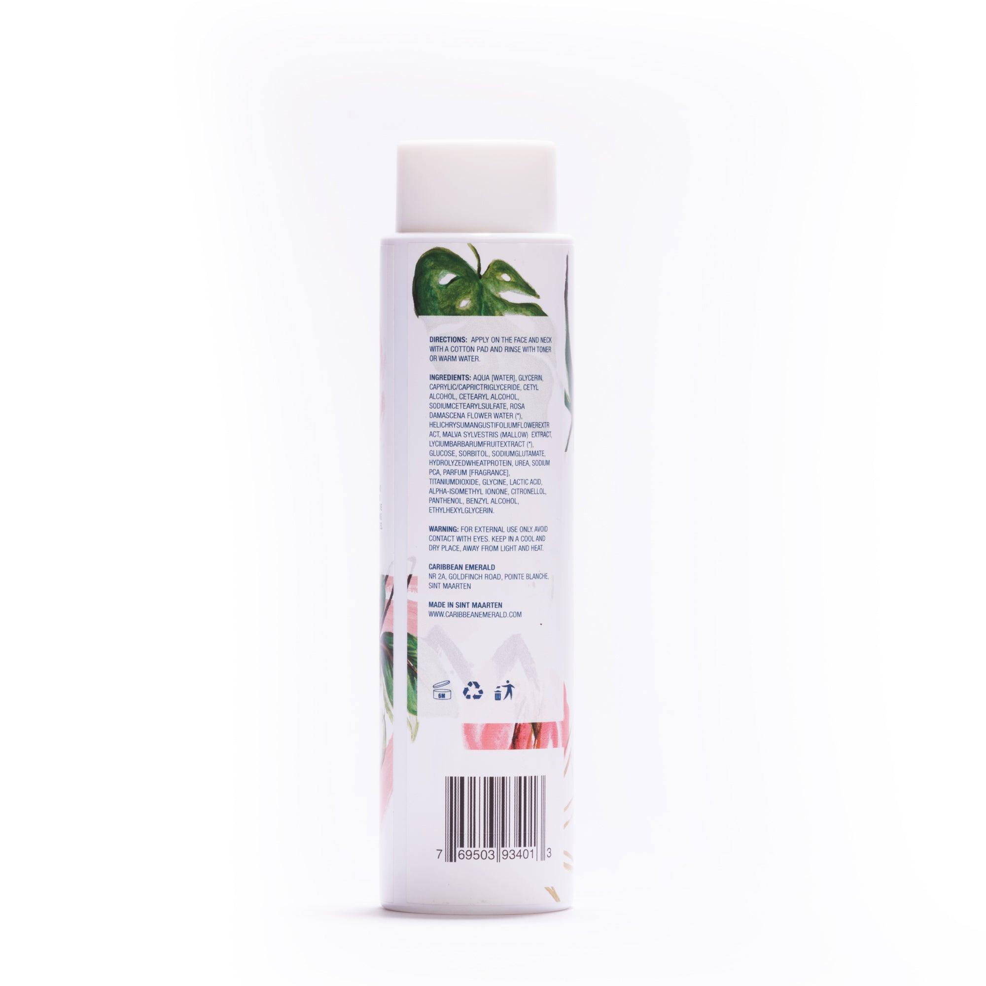 Back view of a natural skincare product bottle showing ingredients and directions.