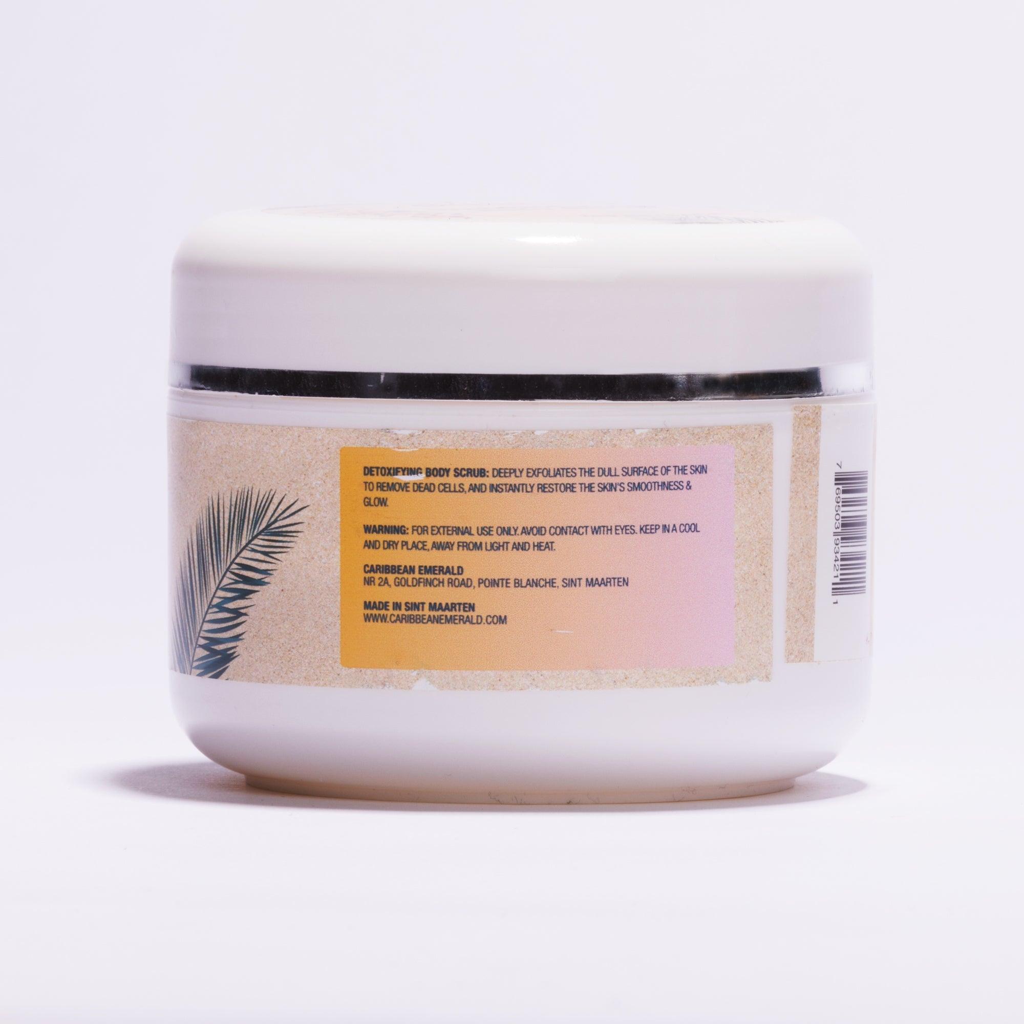 Back view of detoxifying body scrub jar with product instructions and ingredients label.
