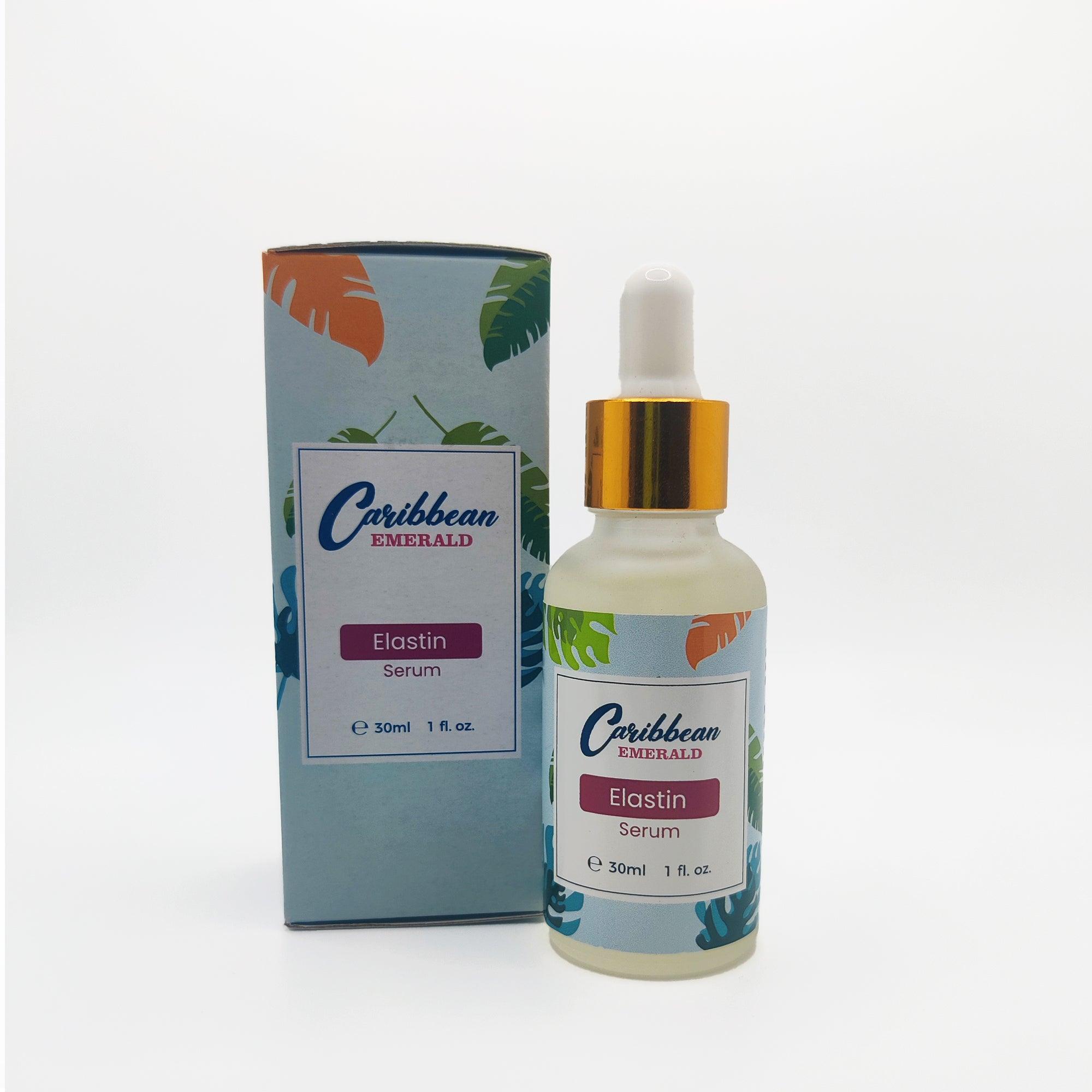Side view of the Caribbean Emerald Elastin Serum box showing product details and tropical leaf pattern, on a white background