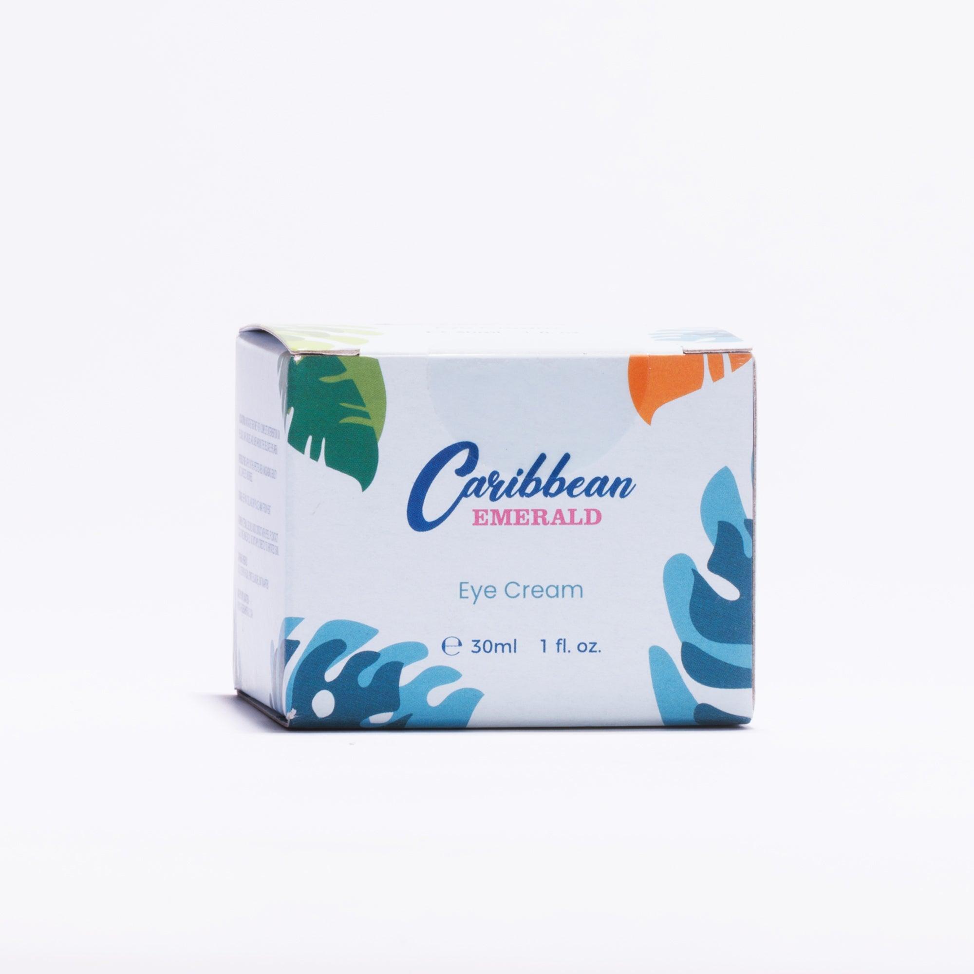 Caribbean Emerald Eye Cream packaging with tropical leaf design, 30ml bottle box.