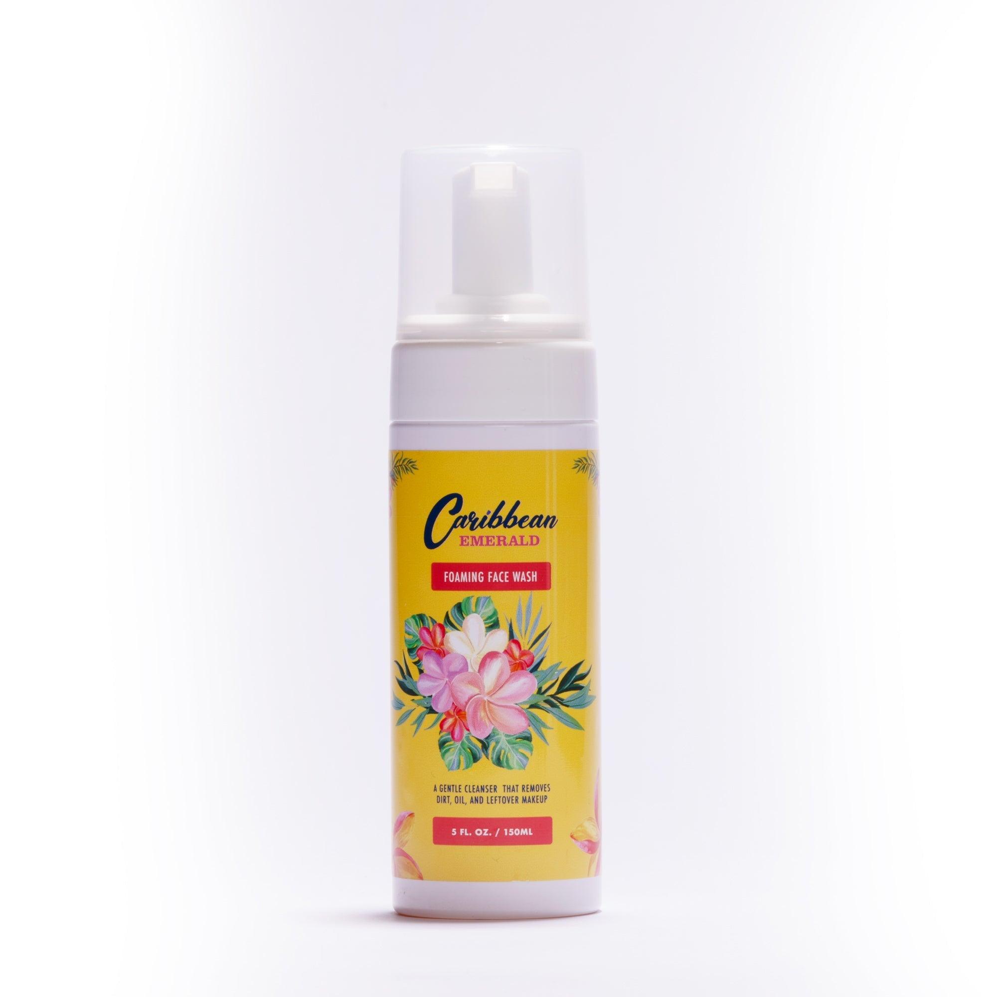 Caribbean Emerald foaming face wash bottle with floral design on white background