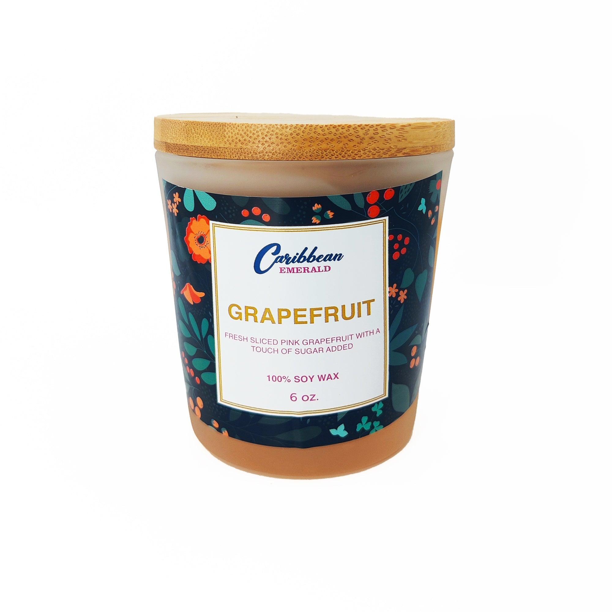 Caribbean Emerald grapefruit scented soy wax candle in a glass jar with bamboo lid.