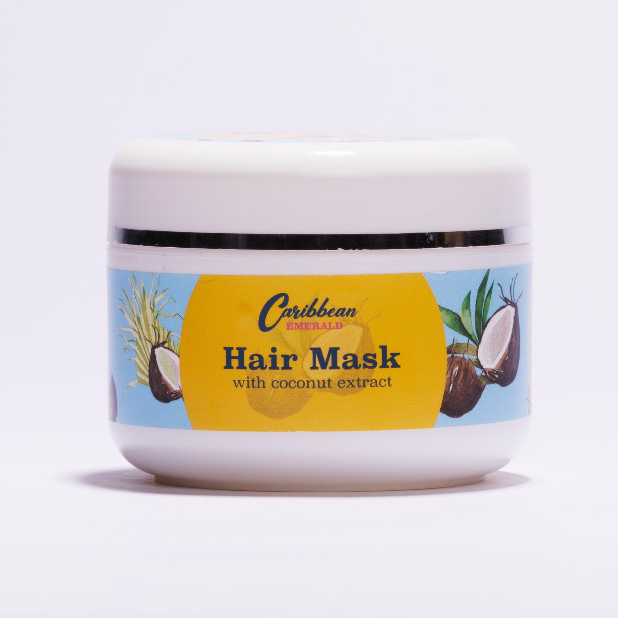 Caribbean Emerald hair mask with coconut extract in a white jar