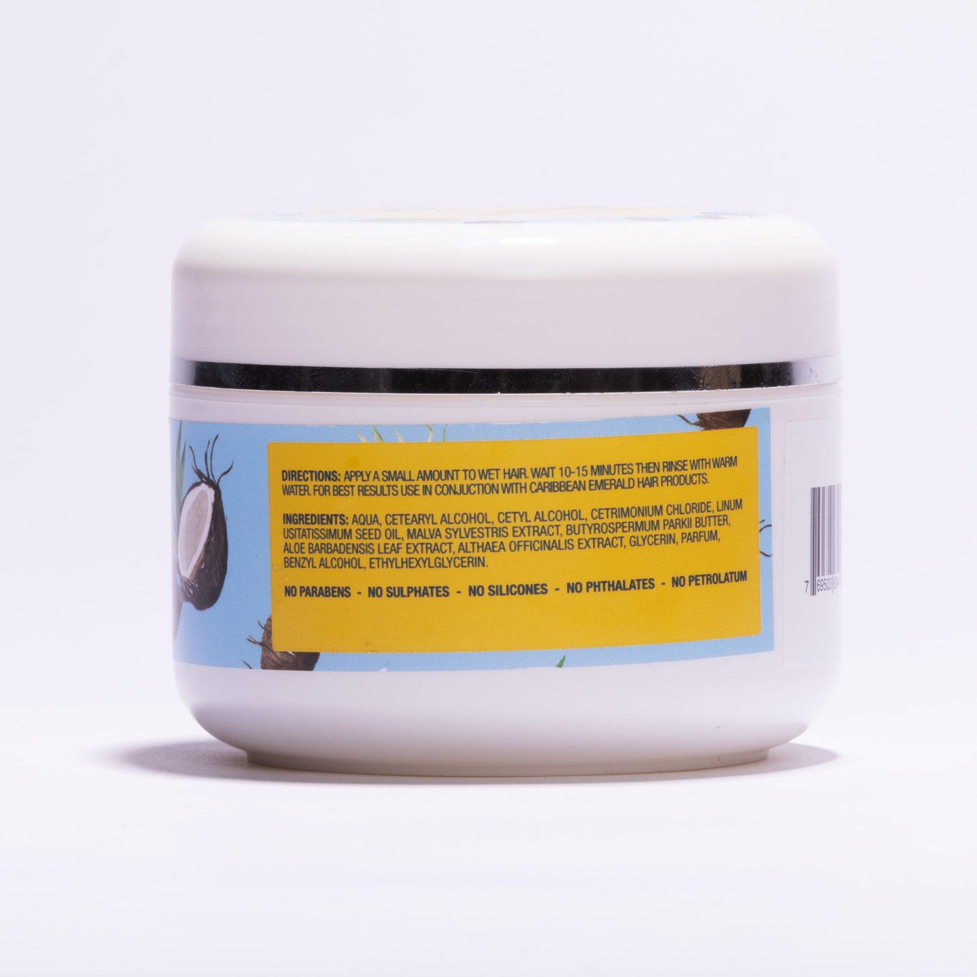 Back view of a white hair mask jar showing directions and natural ingredients list.