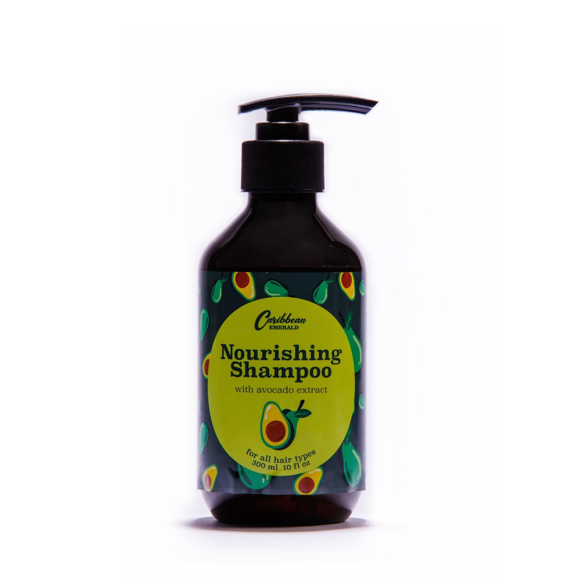 Nourishing shampoo with avocado extract in a dark pump bottle for all hair types.