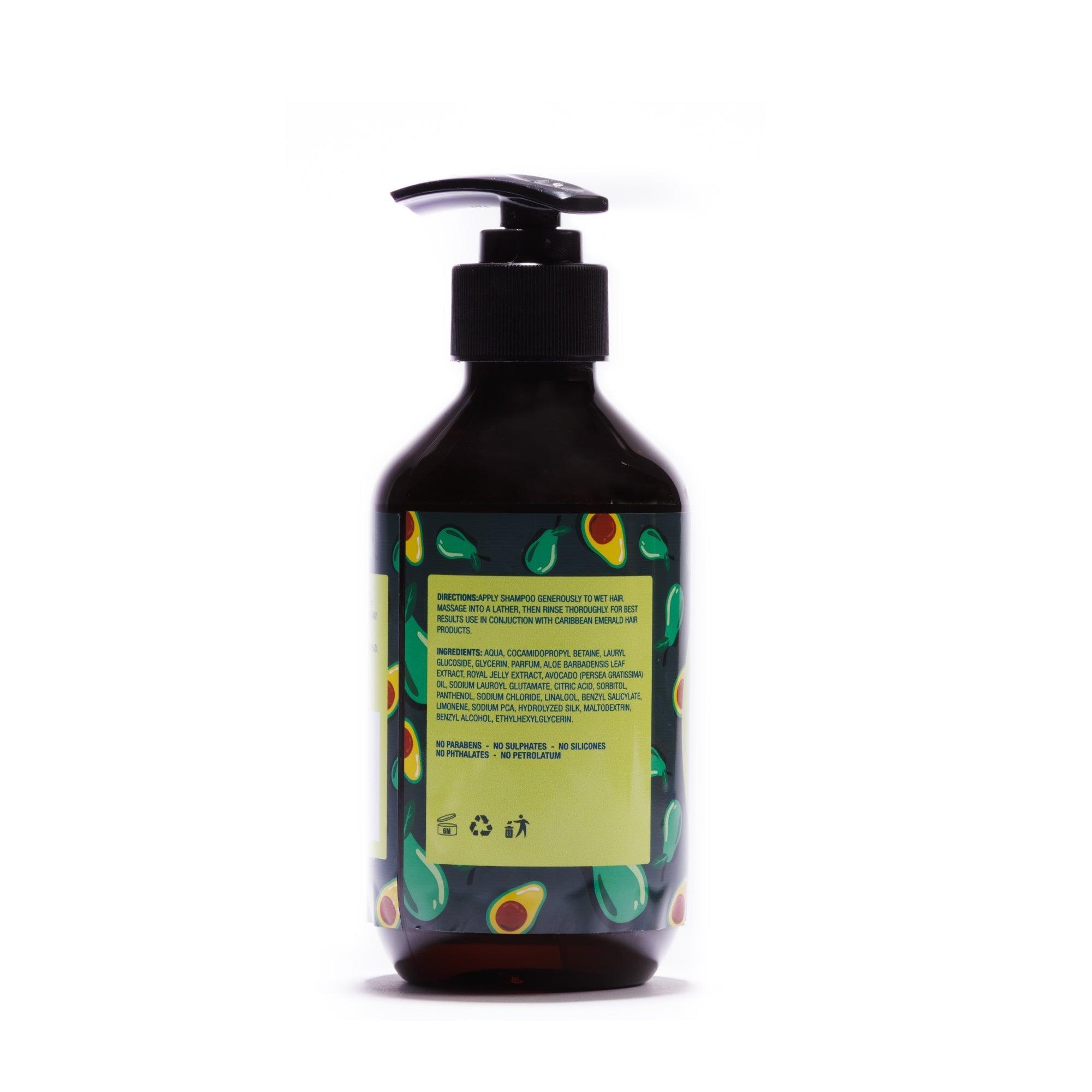 Back view of a dark pump bottle showing ingredients and directions for natural hair care.