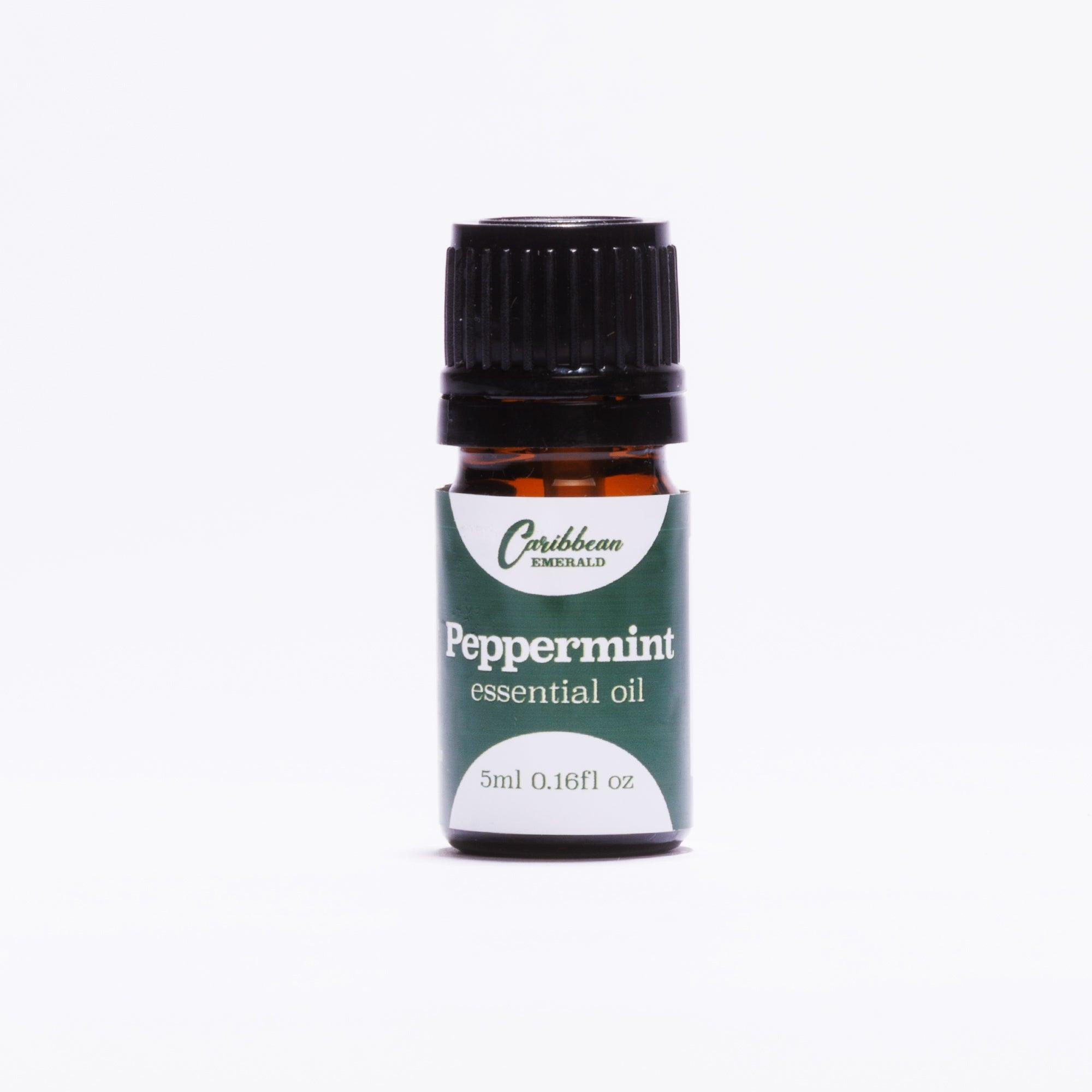Caribbean Emerald peppermint essential oil in a 5ml amber glass bottle.